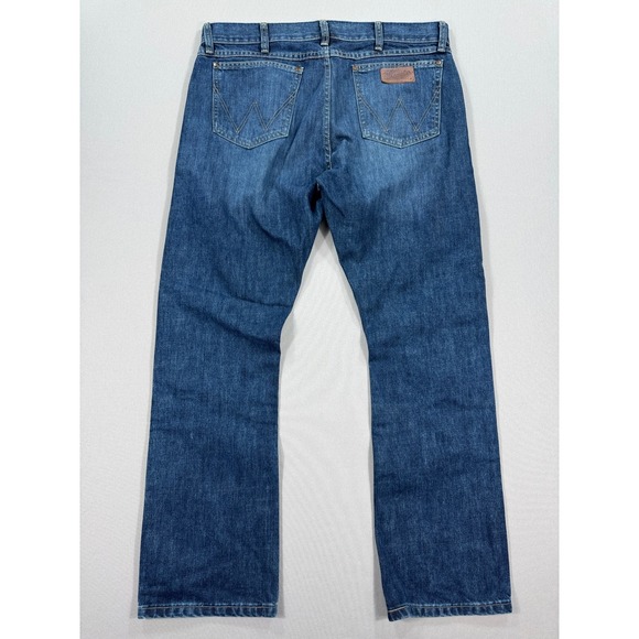 VTG Wrangler Pants Men's 35x32 Blue Dark Wash Retro Slim Bootcut Jeans Straight - Picture 3 of 8